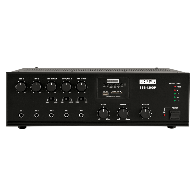 Ahuja SSB-120DP 120W PA Mixer Amplifier With 5Mic & 2Aux Inputs With Mp3, USB,AC-DC Auto Switching,- Each