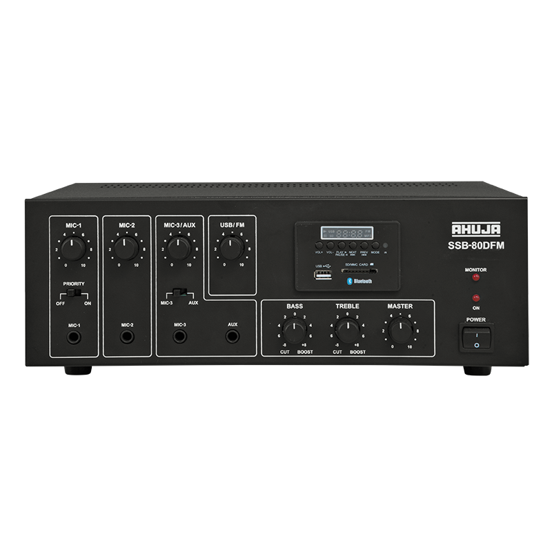 Ahuja SSB-80DFM 60w Mixer Amplifier With Auto AC/DC, 3 Mic & 1 Aux Input, USB, Bluetooth, FM, - Each