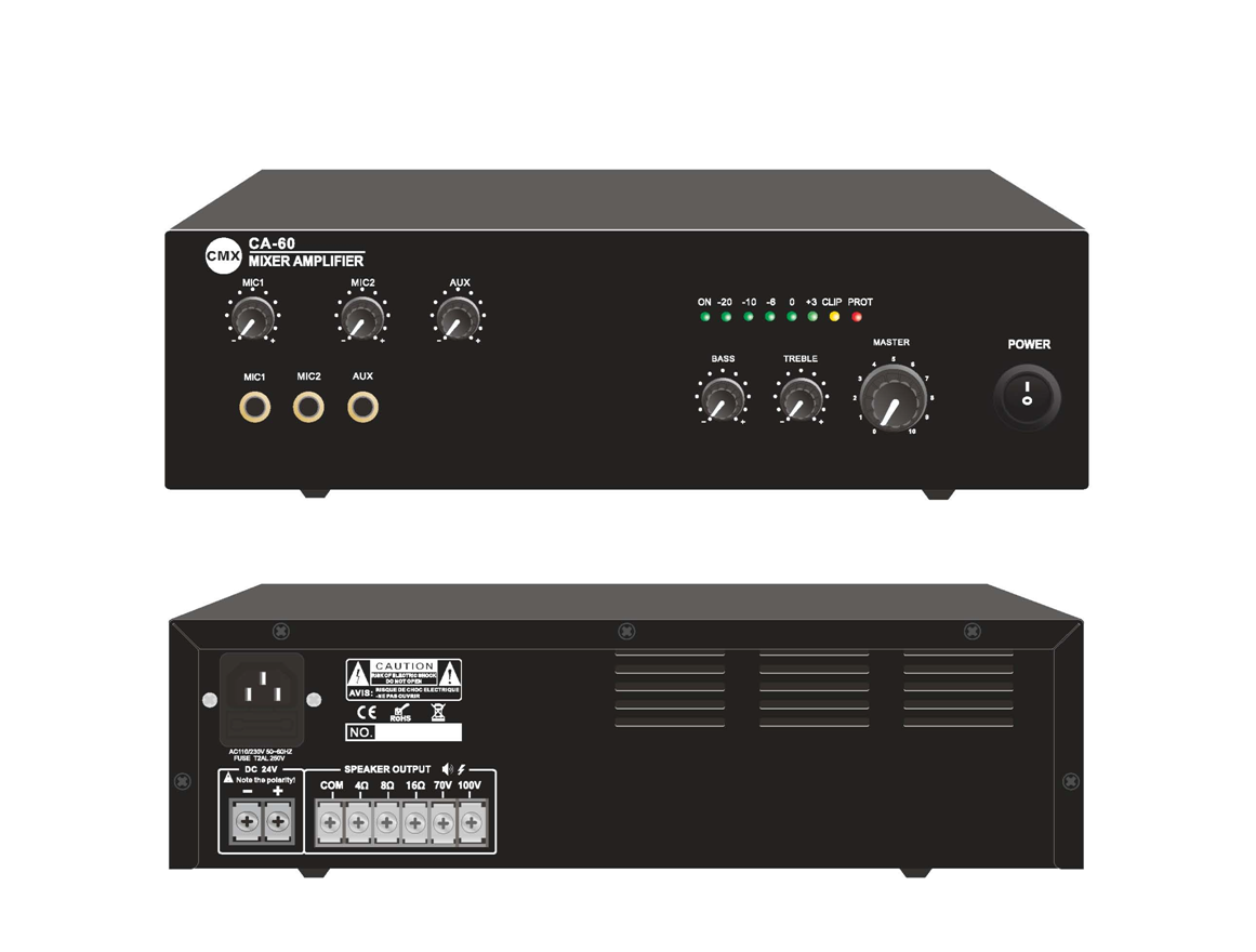 CMX – CA-60 60W Tabletop Mixer Amplifier with 2 Mic Inputs, AUX Input & 70V / 100V / 4–16 Ohm Output