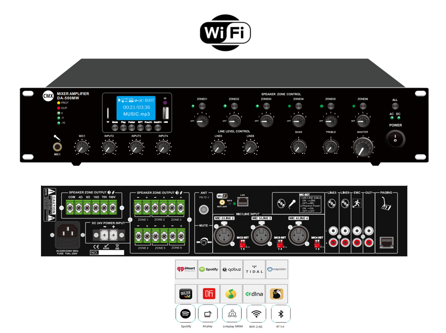 CMX DA-120MW Wi-Fi Internet Streaming 6 Zone Mixer Amplifier with ATT/Mp3/USB/FM/Bluetooth
