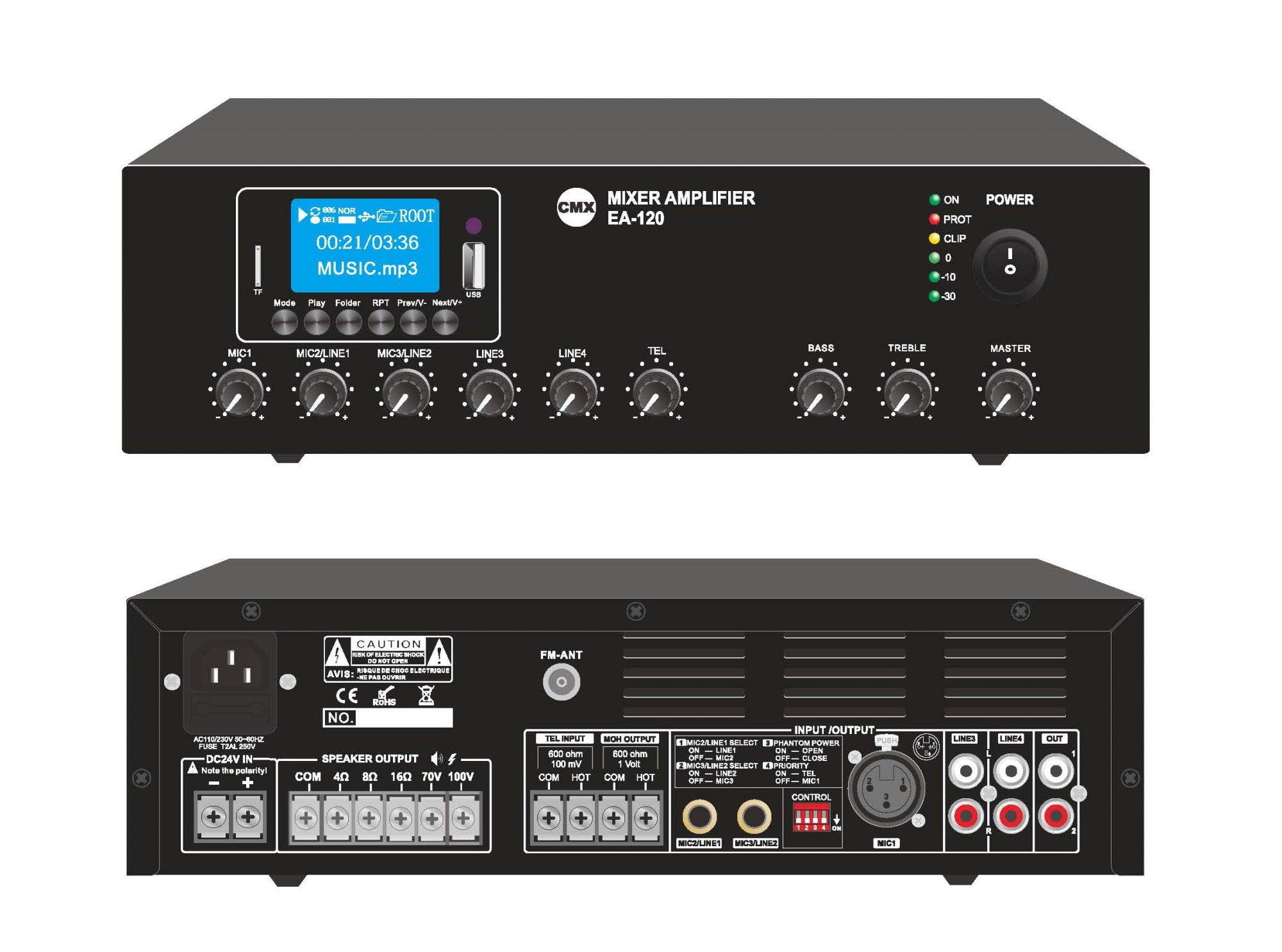CMX – EA-30 30W Tabletop Mixer Amplifier with USB / Bluetooth / FM, 3 Mic Inputs, 2 AUX Inputs & 70V / 100V / 4–16 Ohm Output