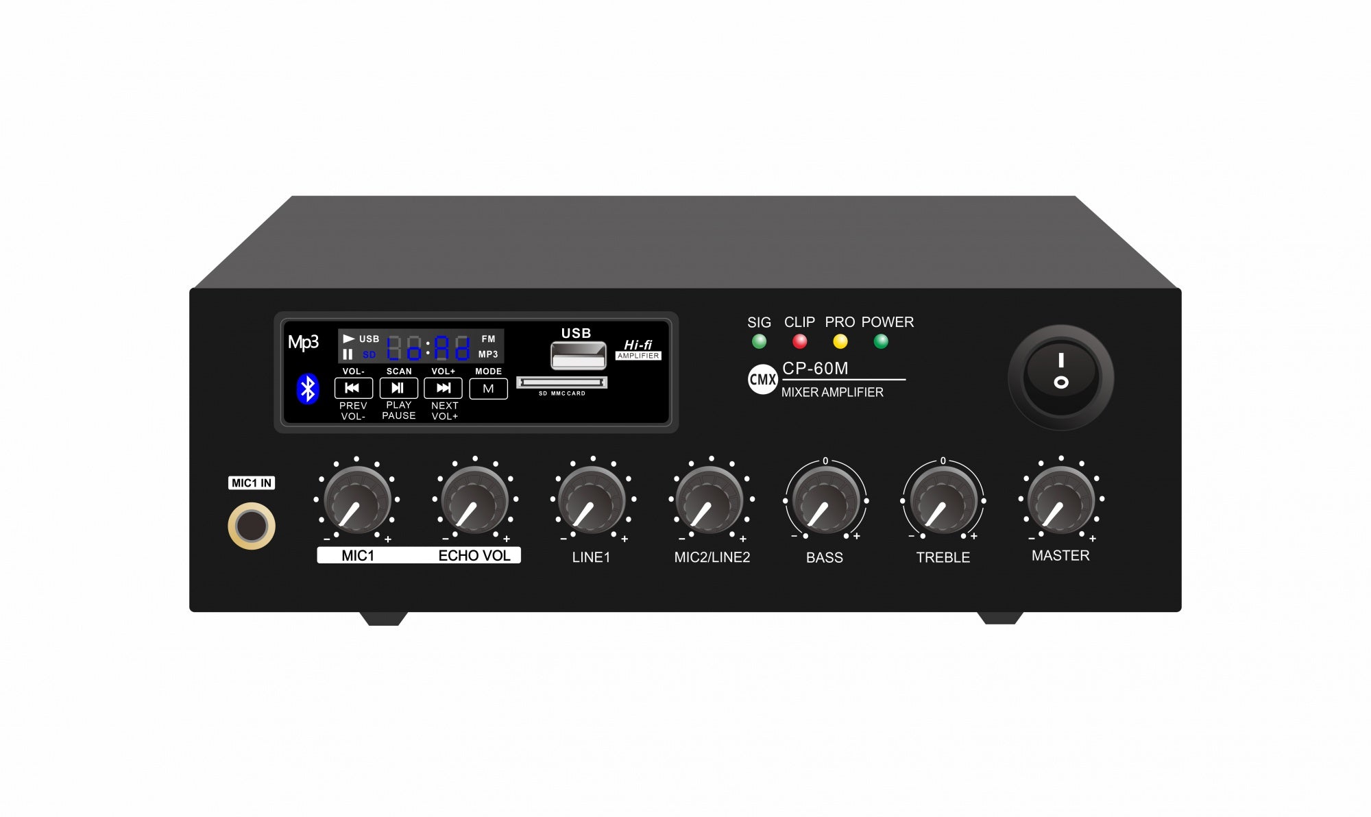 CMX – CP-30M 30W Mini Mixer Amplifier with USB / SD / FM / Bluetooth / Echo, 2 Mic Inputs & 70V / 100V / 4–8 Ohm Output