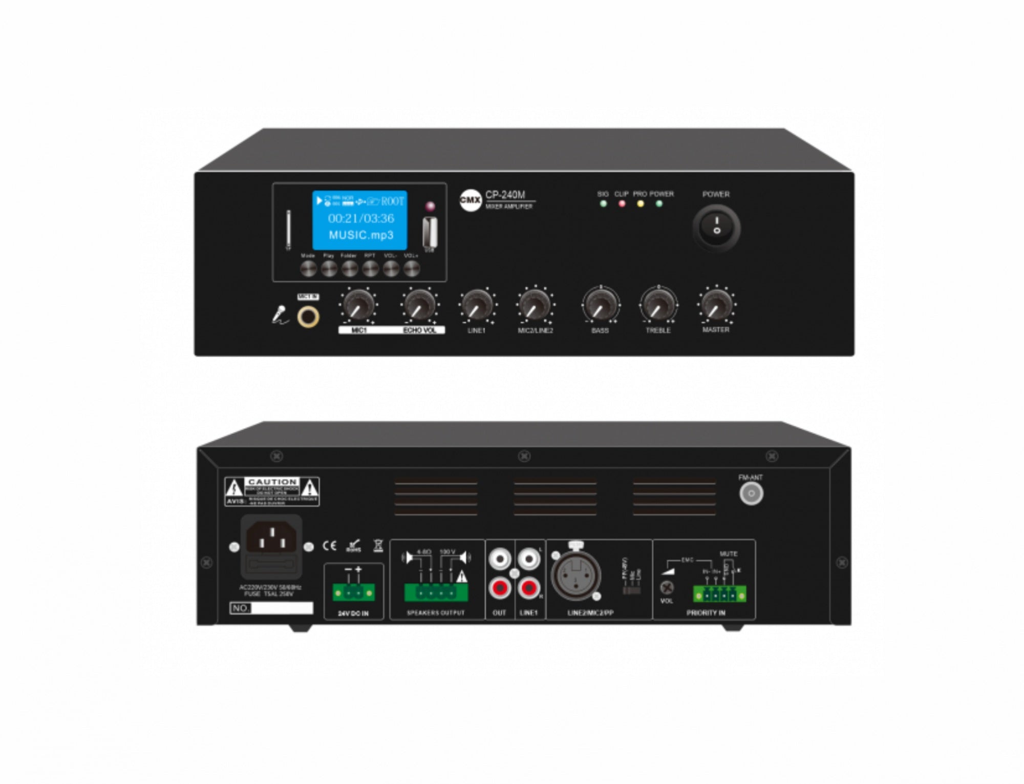 CMX – CP-240M 240W Mini Mixer Amplifier with USB / SD / FM / Bluetooth / Echo & 70V / 100V / 4–8 Ohm Output