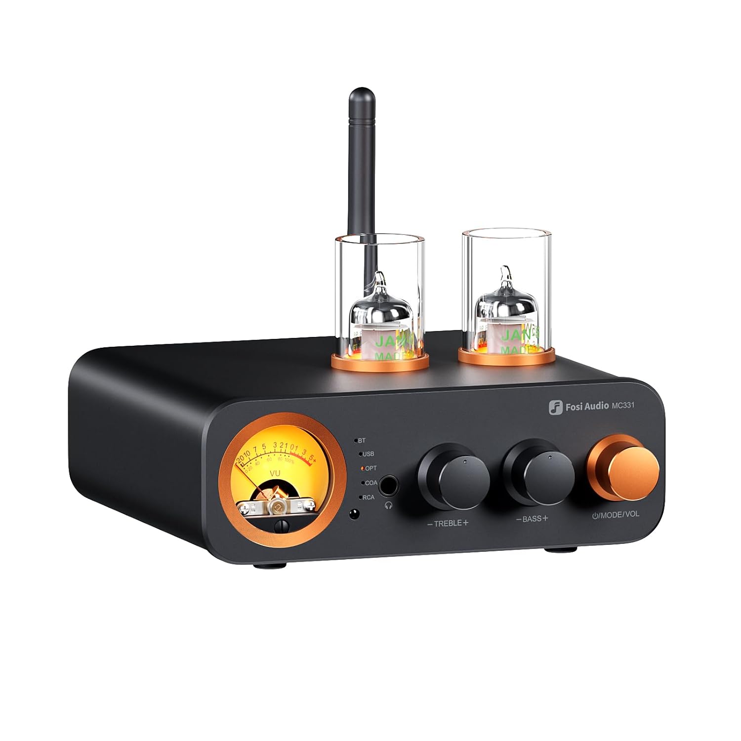 Fosi Audio MC331 Bluetooth 2.1 Channel Hybrid Tube Amplifier with VU Meter, Subwoofer Output, and Compact Hi-Fi Performance - Audiomaxx India