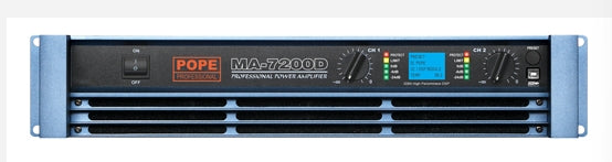 POPE MA‐7200D, 2*1500 W RMS @ 4Ω 2U Power Amplifier / FIR & IIR / Dante Optional