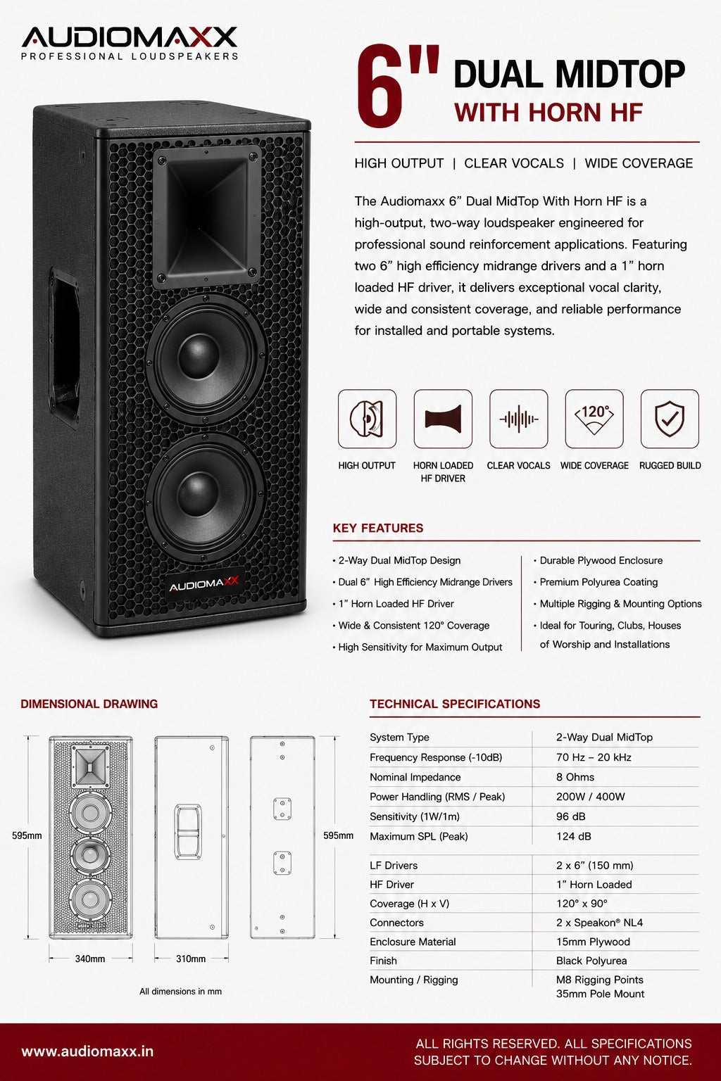 Audiomaxx 6" Dual MidTop With Horn HF Commercial Loudspeake 200 W RMS / 400 W peak power