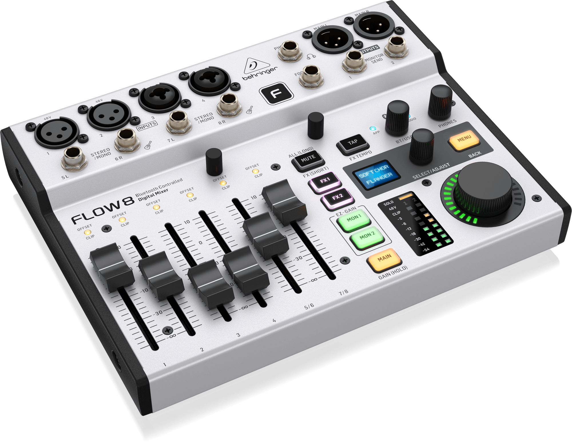 Behringer FLOW 8 8-Input Digital Mixer with Bluetooth Audio and App Control, 60 mm-Channel Faders, 2 FX Processors and USB/Audio Interface