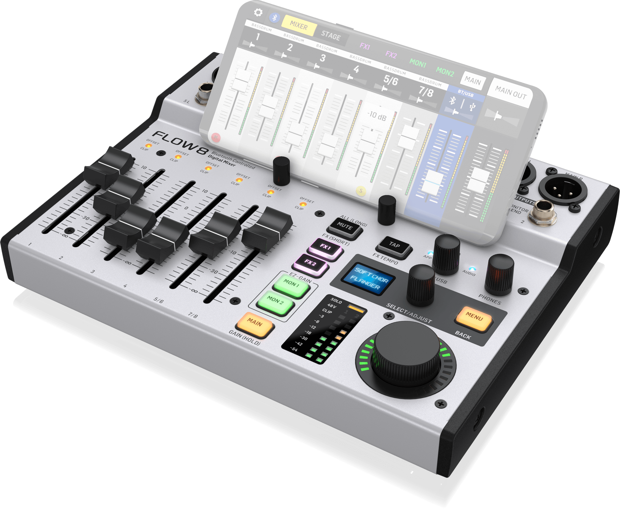 Behringer FLOW 8 8-Input Digital Mixer with Bluetooth Audio and App Control, 60 mm-Channel Faders, 2 FX Processors and USB/Audio Interface