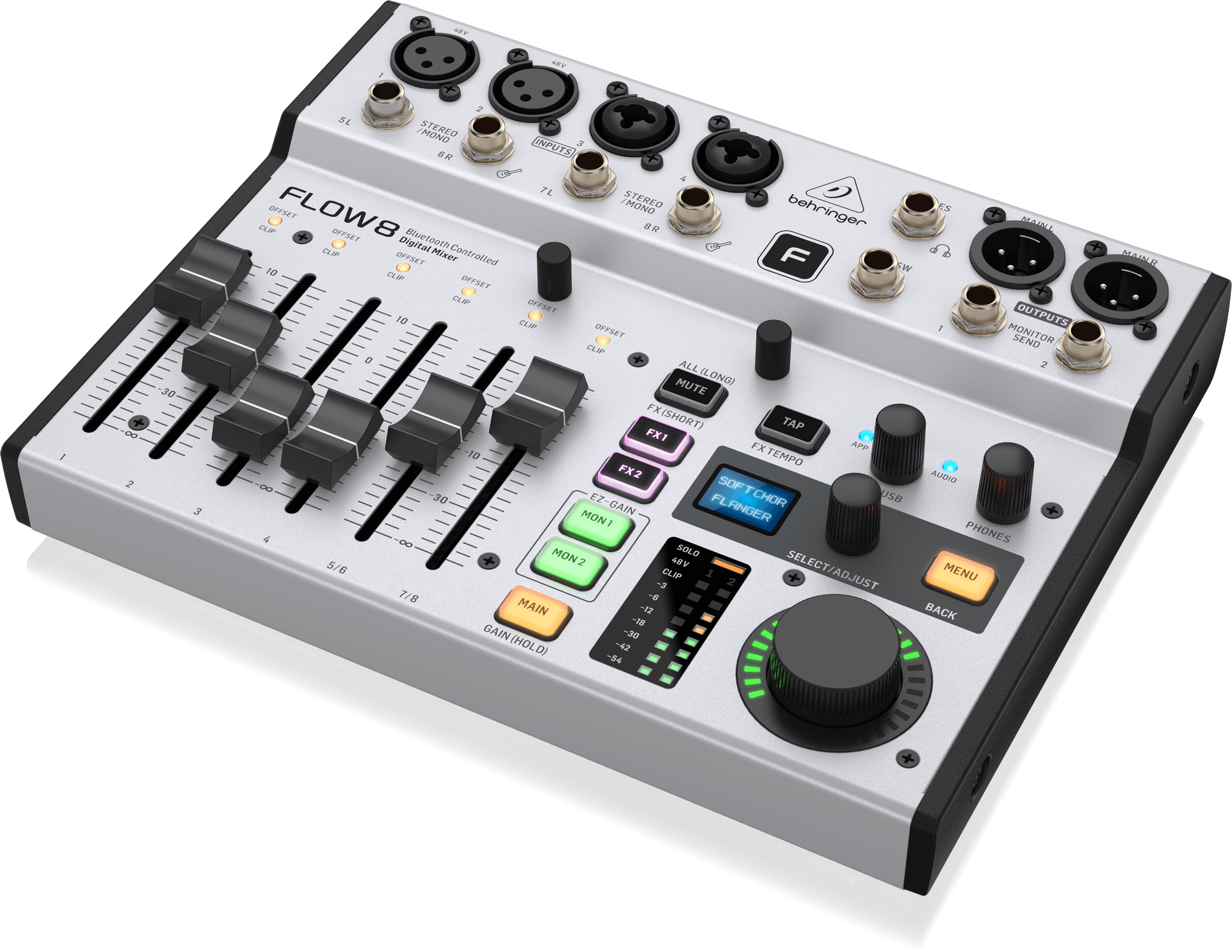 Behringer FLOW 8 8-Input Digital Mixer with Bluetooth Audio and App Control, 60 mm-Channel Faders, 2 FX Processors and USB/Audio Interface