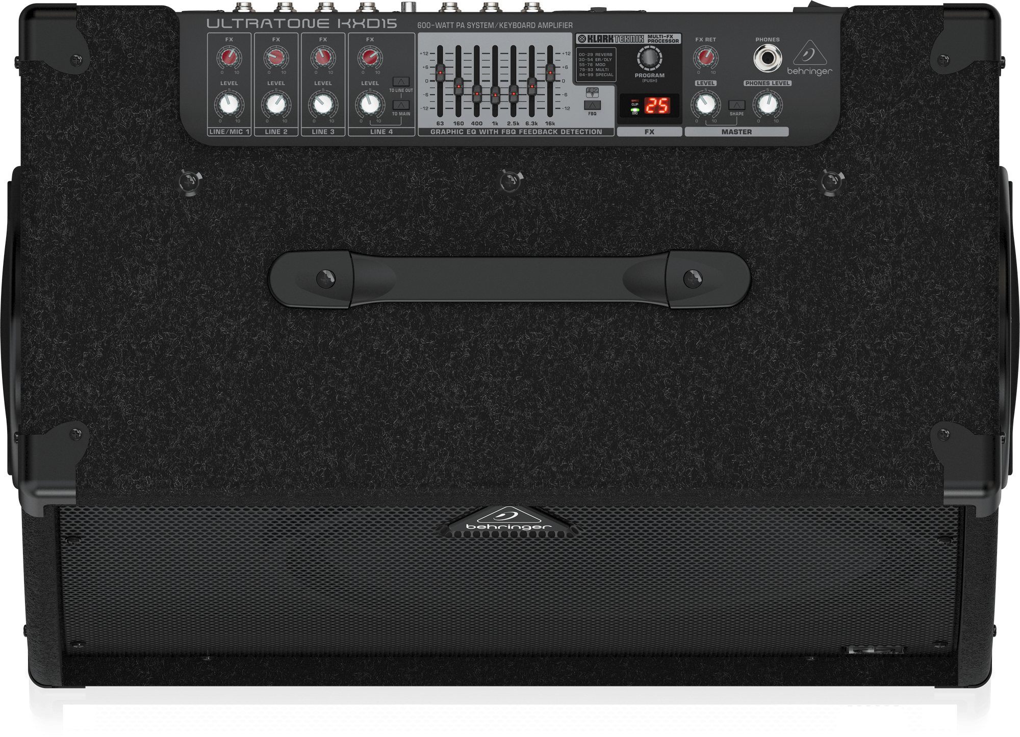 Behringer Ultratone KXD15 - 600-Watt 4-Channel Powered PA Speaker System / Keyboard Amplifier with Original 15" TURBOSOUND Speaker, KLARK TEKNIK Multi-FX Processor and FBQ Feedback Detection