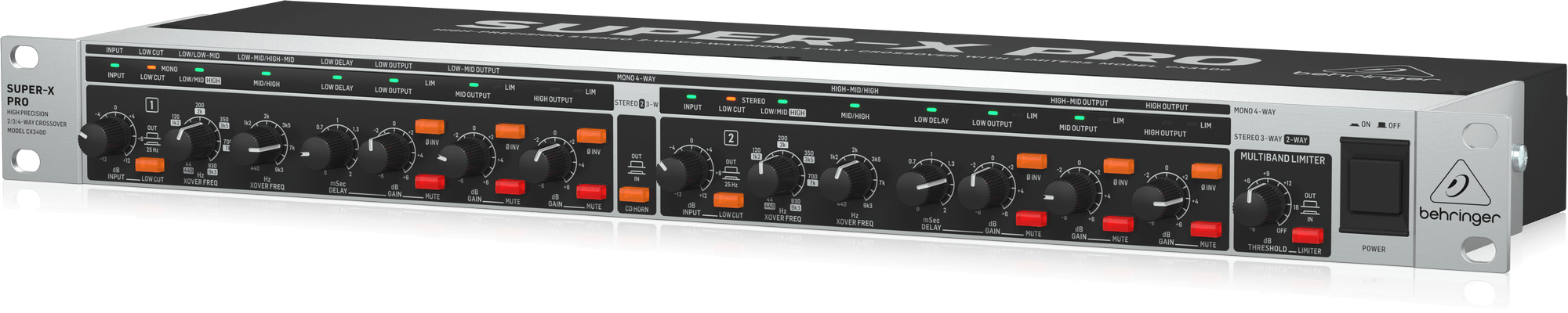 Behringer Super-X Pro CX3400 V2 High-Precision Stereo 2-Way/3-Way/Mono 4-Way Crossover with Limiters, Adjustable Time Delays and CD Horn Correction