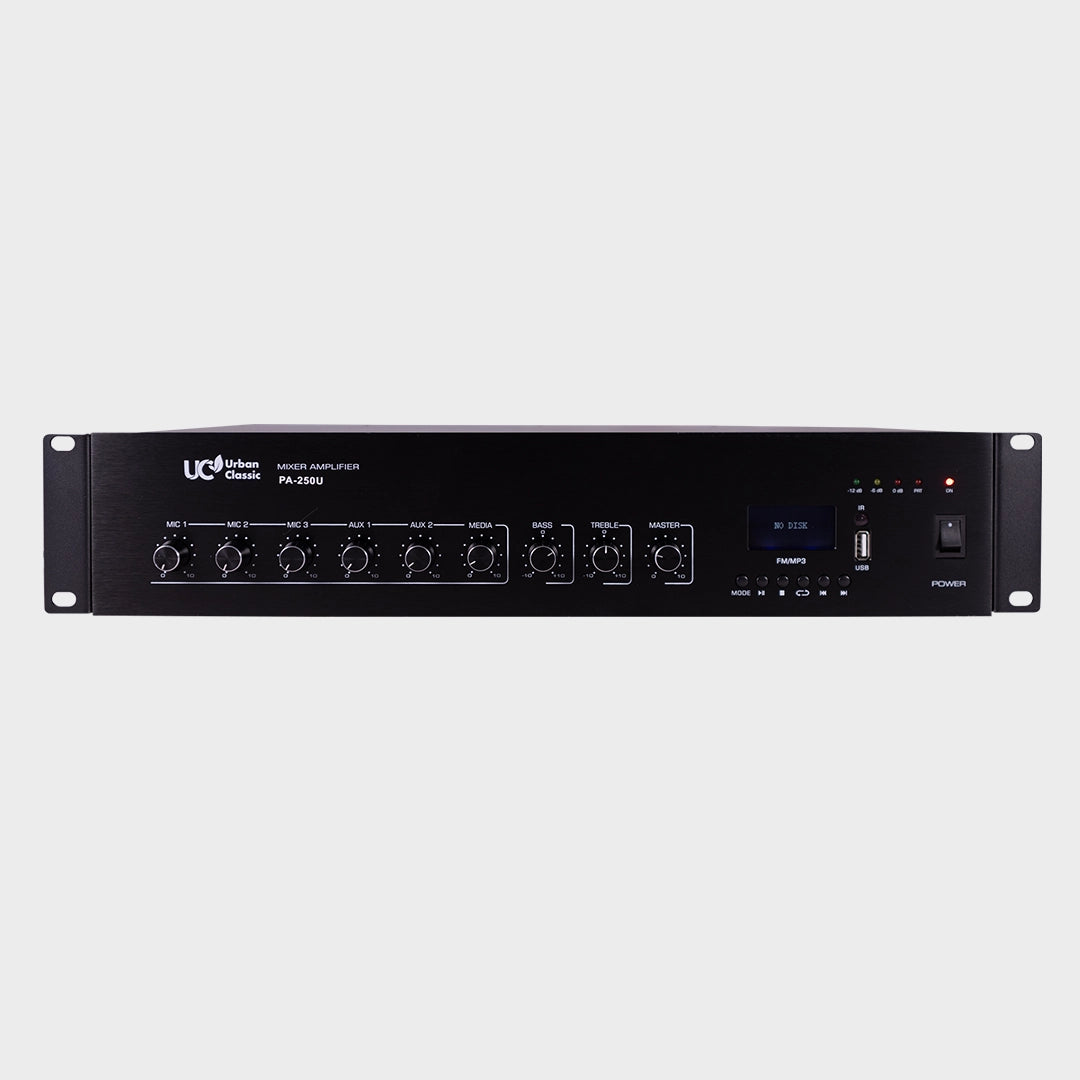Urban Classic PA250 250W Mixer Amplifier with Triple Mic Input, Bluetooth, USB Playback and VOX Priority for High-Power PA and Background Music Systems - Audiomaxx India