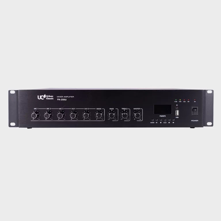 PA250 250W Mixer Amplifier with Triple Mic Input, Bluetooth, USB Playback and VOX Priority for High-Power PA and Background Music Systems - Audiomaxx India