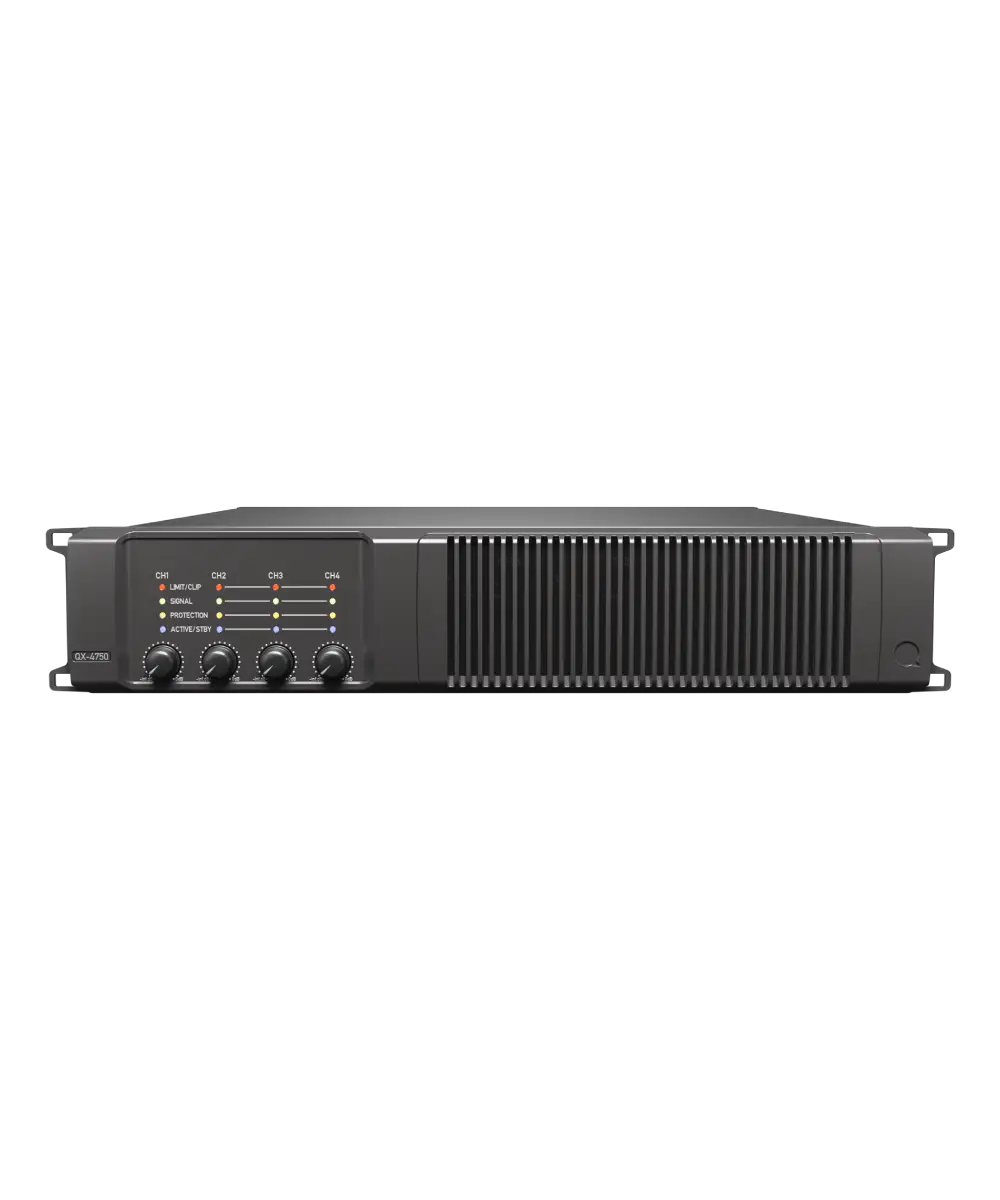 Quest QX4750 Professional 4×750W Class-D 2RU Installation Power Amplifier with Auto Load Sensing, 70V/100V & Dante™ Expansion Support