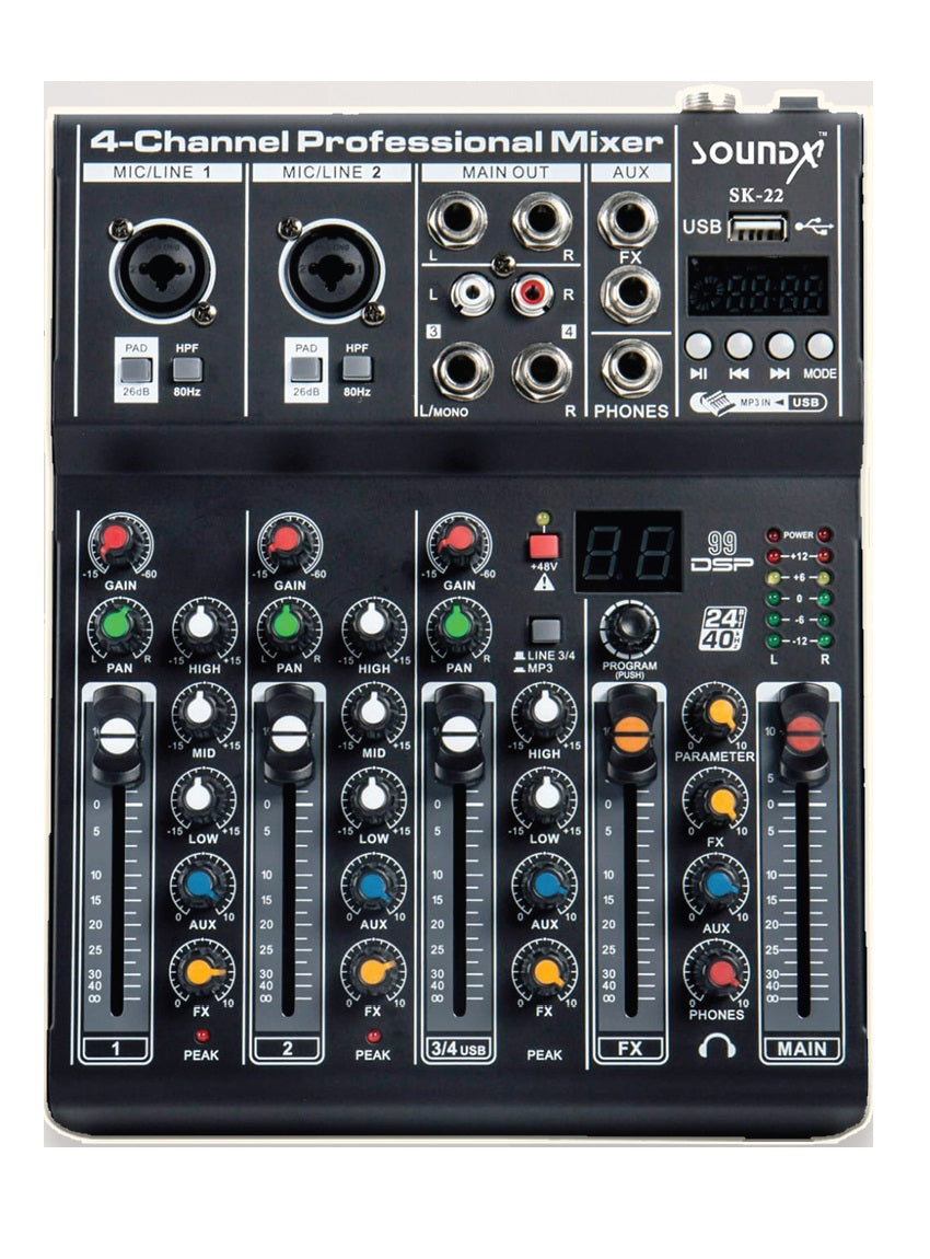 SoundX SK22 Audio Mixer 4 Ch. With Digital Display, USB, MP3, Bluetooth & Effects