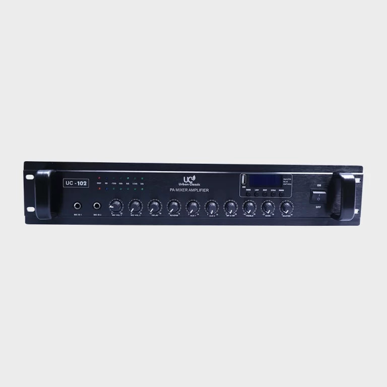 UC 102 200W Mixer Amplifier with Stereo Output, Bluetooth, USB Playback and Advanced Class D Amplification for Professional PA and Music Systems - Audiomaxx India