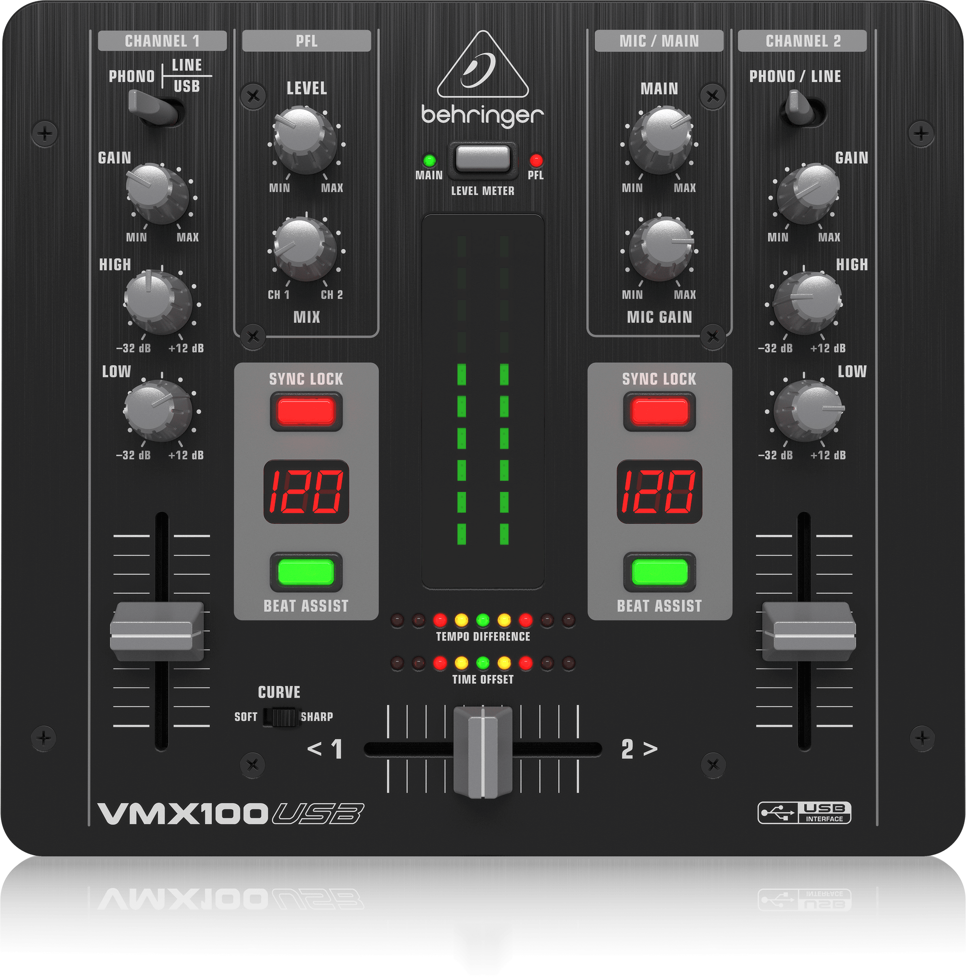 Behringer Pro Mixer VMX100USB Professional Channel DJ Mixer with USB/Audio Interface, BPM Counter and VCA Control