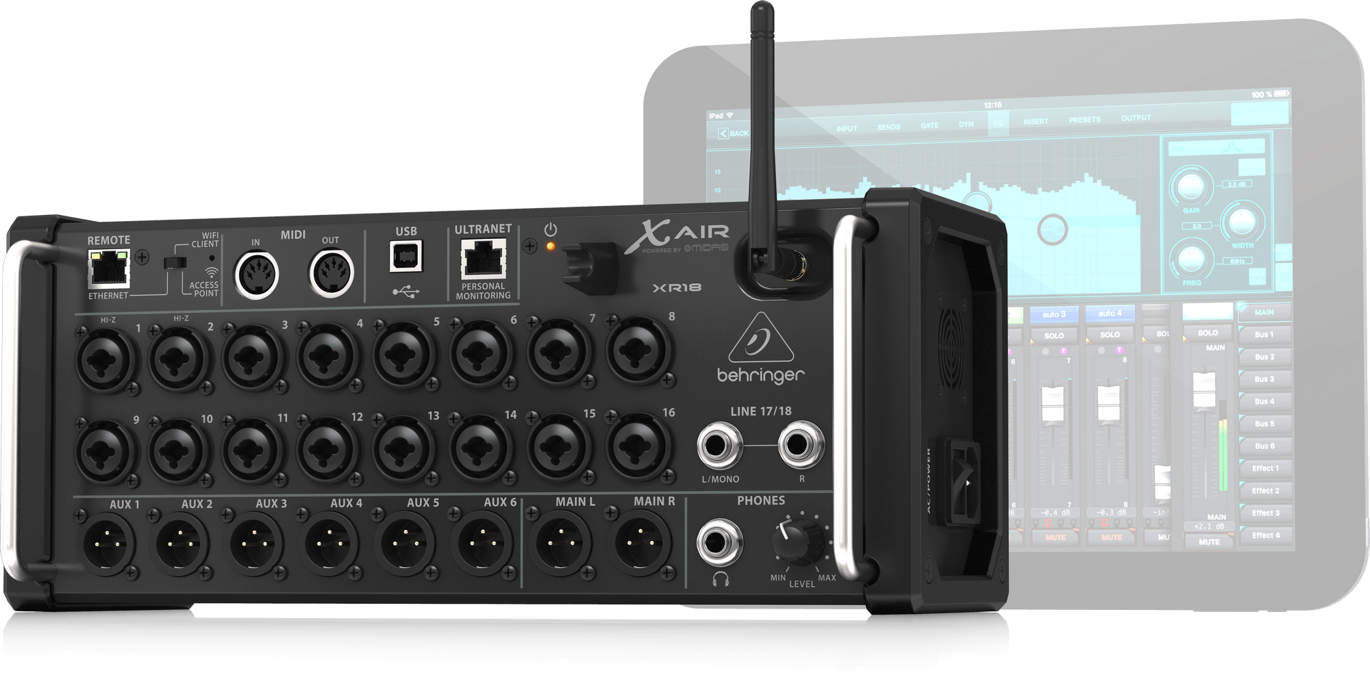 Behringer X Air XR18 18-Channel, 12-Bus Digital Mixer for iPad/Android Tablets with 16 Programmable Midas Preamps, Integrated WiFi Module and Multi-Channel USB Audio Interface