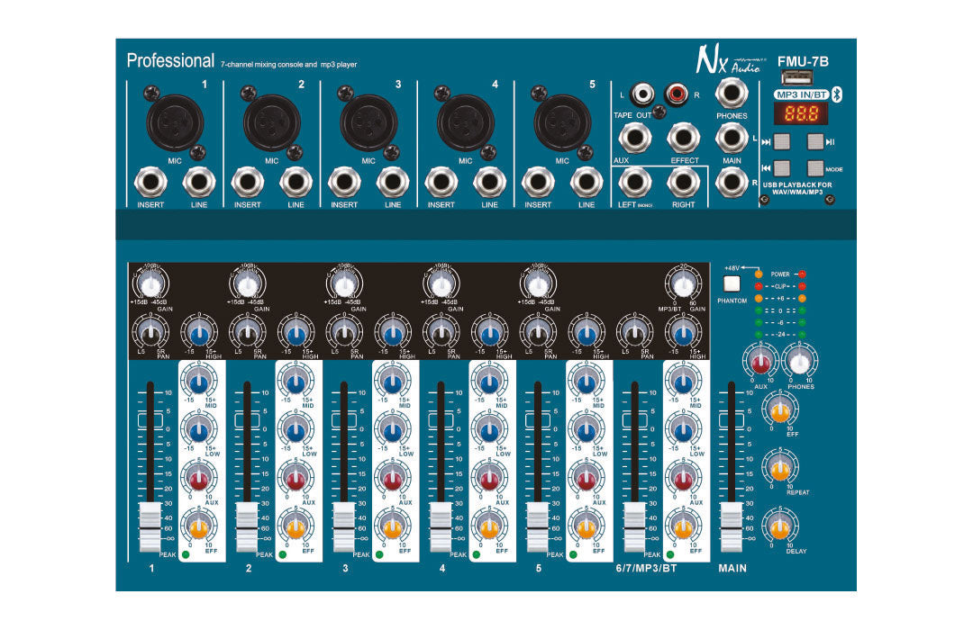 NX Audio FMU7-B – 7-Channel Live Mixer with Bluetooth, USB Playback & Effects