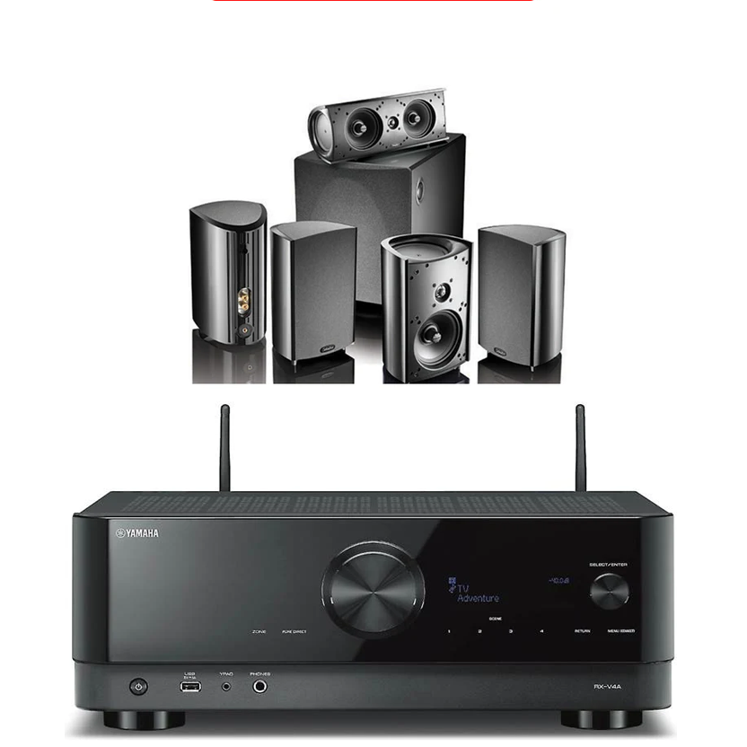 Yamaha RXV4A Audio-Video Receiver With Definitive Technology ProCinema 1000 Satellite Sepakers Set - Dolby 5.1 Home Theater Package # AM501044 - Audiomaxx India