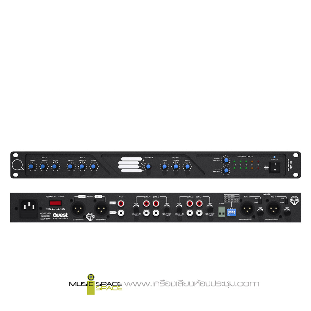 Quest QTA602 Professional Stereo Mixer Pre-Amplifier with 2 Mic Inputs, 4 Stereo Line Inputs & Priority Paging Control