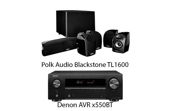 Denon x550BT Audio-Video Receiver With Polk Audio TL-1600 BlackStone Satellite Speaker Set - Dolby 5.1 Home Theater Package # AM501010 - Best Home Theatre Systems - Audiomaxx India