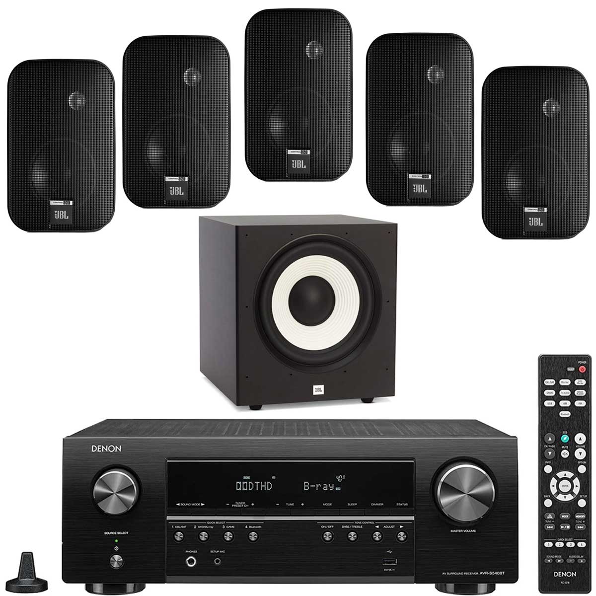 Denon AVR x550BT With JBL Control One Speaker Set + A100P 10" Subwoofer - Dolby 5.1 Home Theater Package # AM501069 - Best Home Theatre Systems - Audiomaxx India