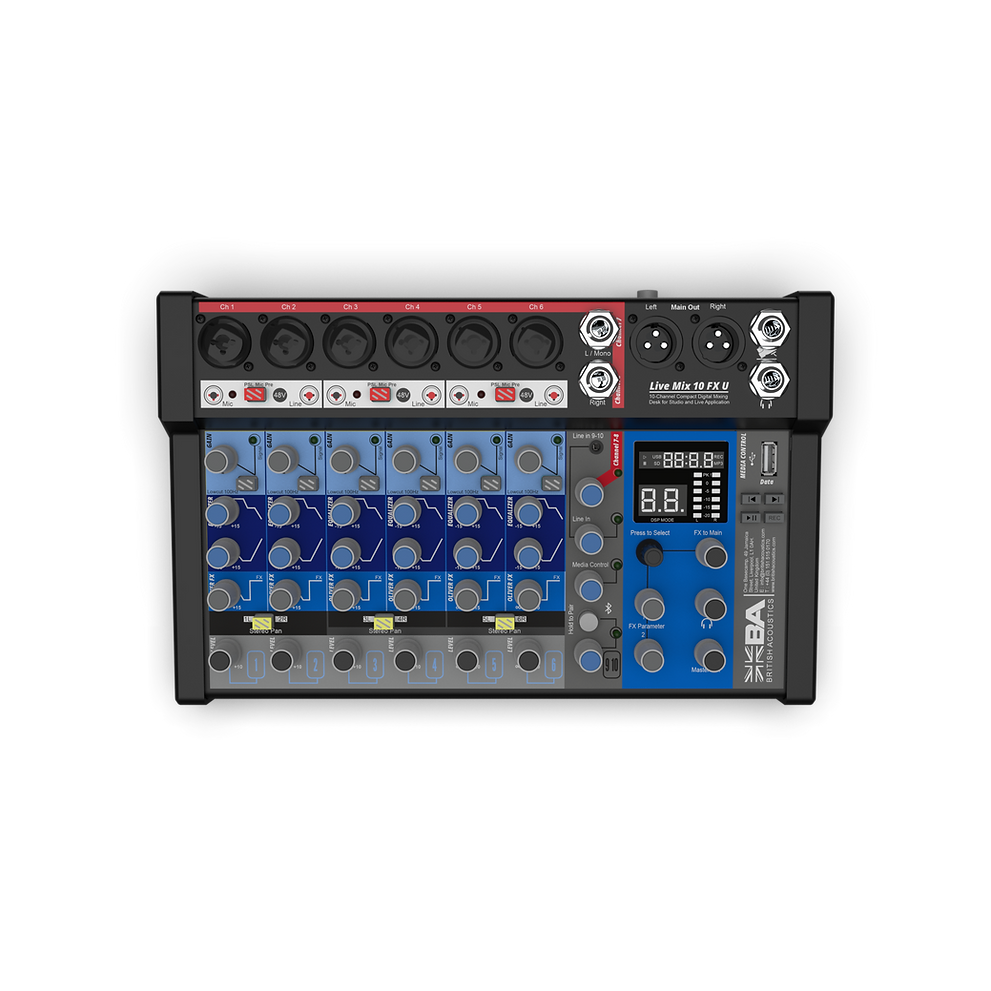 British Acoustics LiveMix 10 FXU – 10‑Channel Compact Analogue Mixer with Dual FX & USB