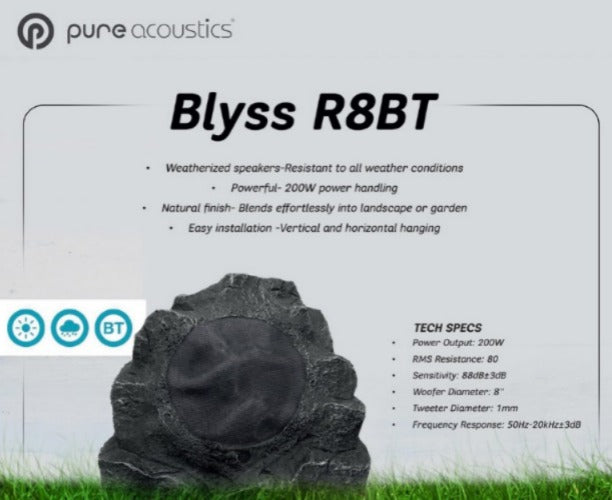 Pure Acoustics BLYSS R8BT 8" BT Outdoor Rock Speaker  (1 Active 1 Passive) - Pair