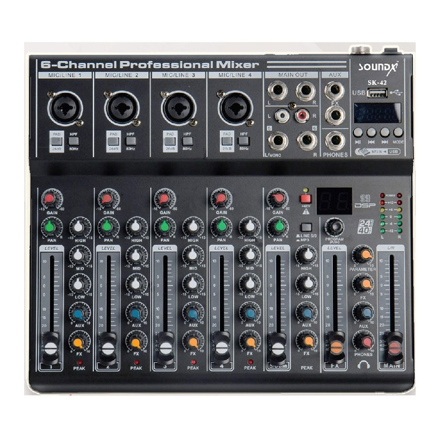 SoundX SK42 Audio Mixer 4Mic +Line ,1 Stereo Input ,Fader Controller Each Channel ,99Dsp