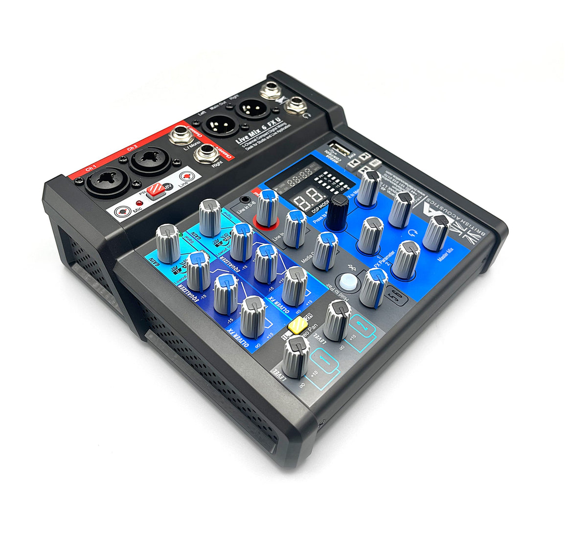BRITISH ACOUSTICS - LiveMix 6FXU – 6 Ch. Compact Analogue Mixer with Dual FX, USB Playback & Recording