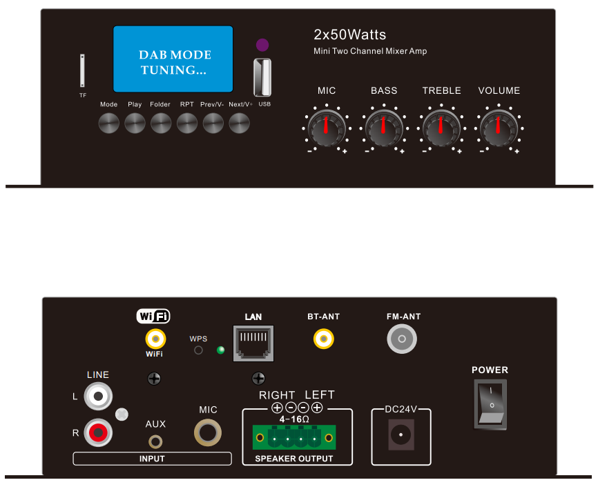 CMX – D-250W 2 × 50W Wi-Fi Stereo Amplifier with USB, Bluetooth, FM, MIC & AUX Input