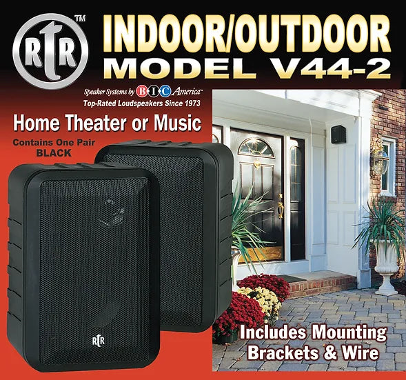 BIC America RtR V44-2 Black 100W 3-Way 4” Indoor/Outdoor Speakers with Mounting Brackets & Wire - Pair