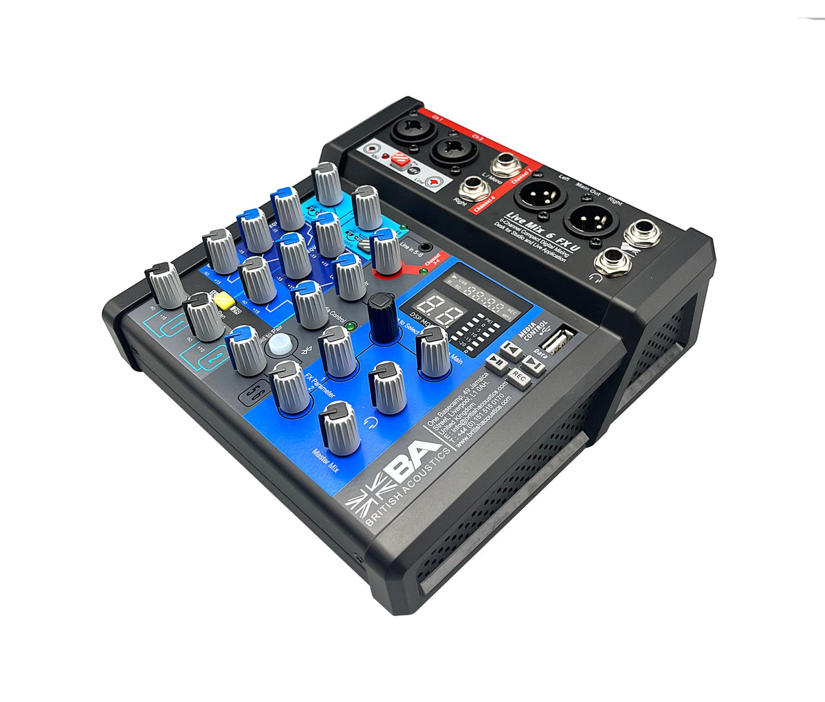 BRITISH ACOUSTICS - LiveMix 6FXU – 6 Ch. Compact Analogue Mixer with Dual FX, USB Playback & Recording