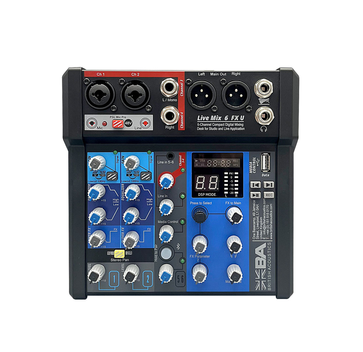 BRITISH ACOUSTICS - LiveMix 6FXU – 6 Ch. Compact Analogue Mixer with Dual FX, USB Playback & Recording