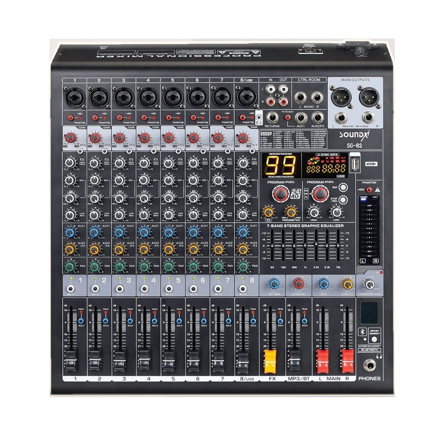 SoundX SG-82 Audio Mixer 8Ch ,8Mic,4Eq,2Aux Including Fx,Fx To Aux ,99Dsp ,Computer Interface