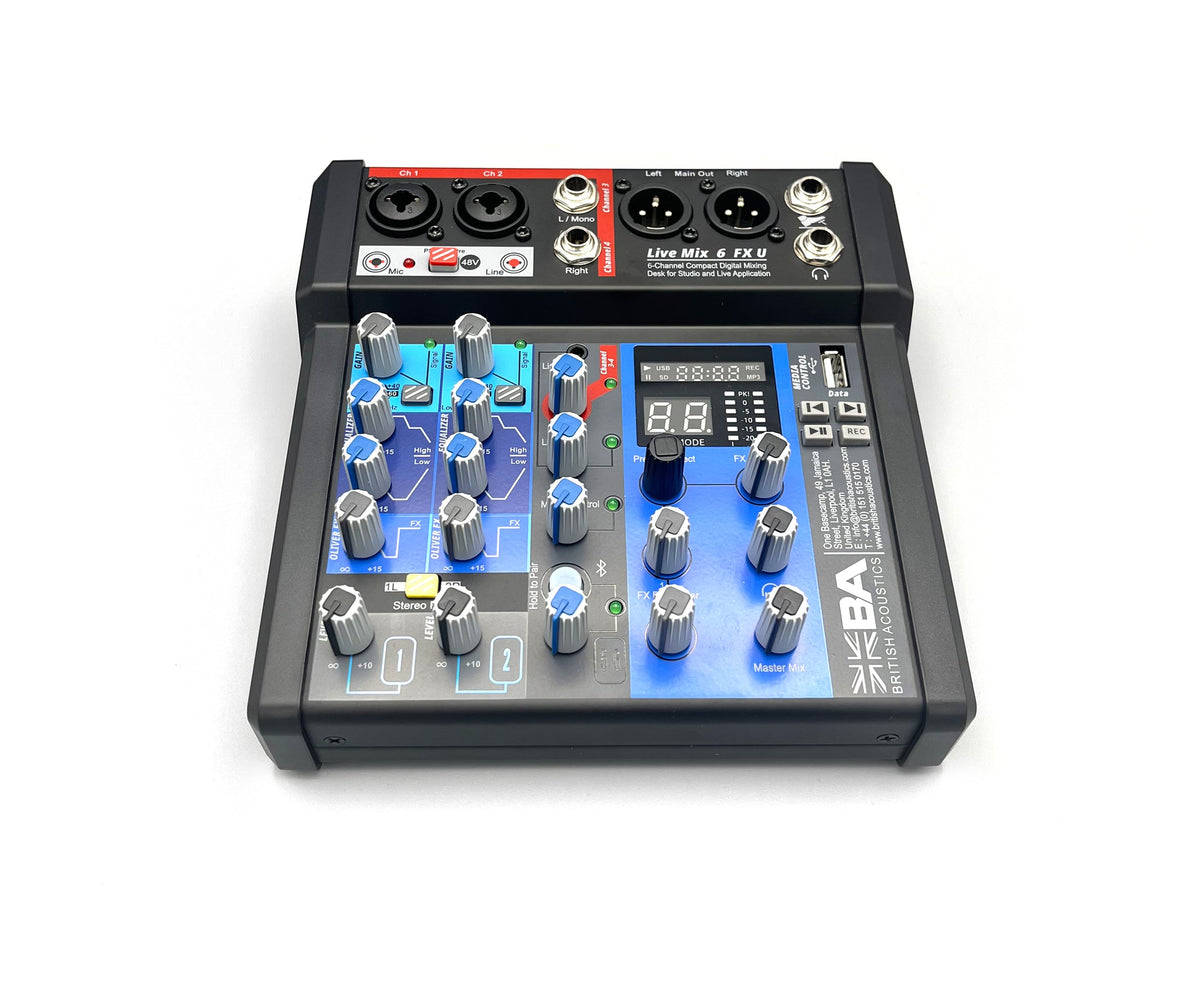BRITISH ACOUSTICS - LiveMix 6FXU – 6 Ch. Compact Analogue Mixer with Dual FX, USB Playback & Recording