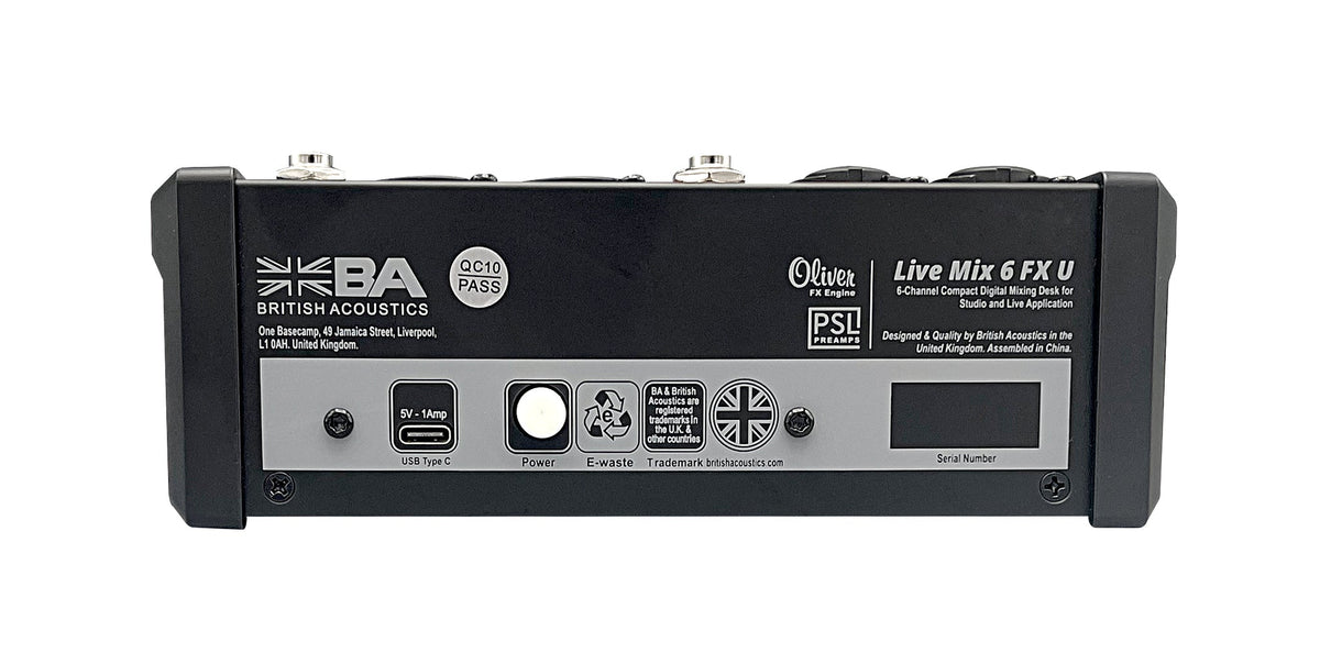 BRITISH ACOUSTICS - LiveMix 6FXU – 6 Ch. Compact Analogue Mixer with Dual FX, USB Playback & Recording