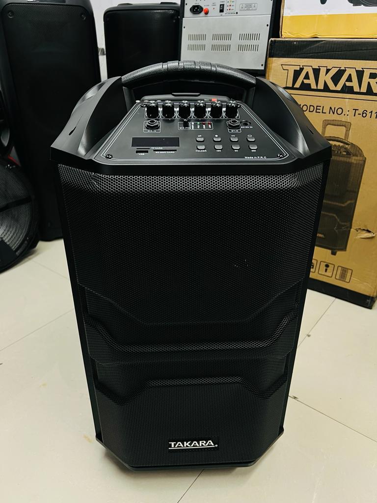 Takara 6112 - Portable Trolley Karaoke Speaker System,  Wooden Case,W/Less Mic Set & Remote