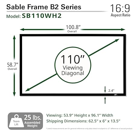 Elite SB110WH2 Sable Frame B2, 110" Diag. 16:9, Active 3D/4K UltraHD Fixed Frame Projector Screen - Each