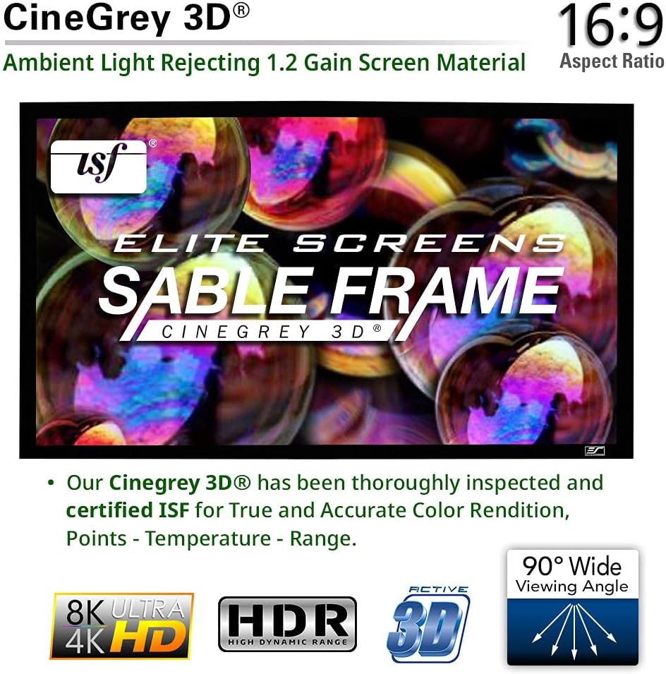 Elite  ER110DHD3 Sable Frame CineGrey 3D, 110-inch Diagonal 16:9, 8K4K UltraHD ALR Fixed Frame Projector Screen