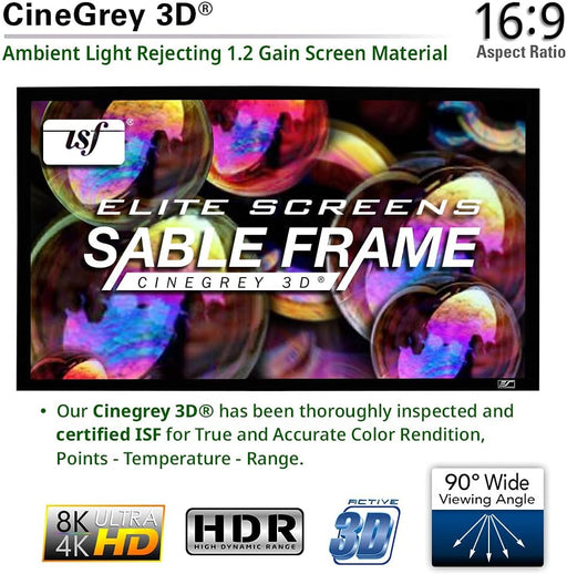 Elite  ER110DHD3 Sable Frame CineGrey 3D, 110-inch Diagonal 16:9, 8K 4K Ultra HD Ready Ceiling and Ambient Light Rejecting Fixed Frame Projector Screen, CineGrey 3D Projection Material - Each
