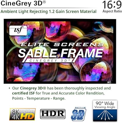 Elite ER100DHD3 Ceiling and ALR Fixed Frame Projector Screen Sable Frame CineGrey 3D, 100" Diagonal