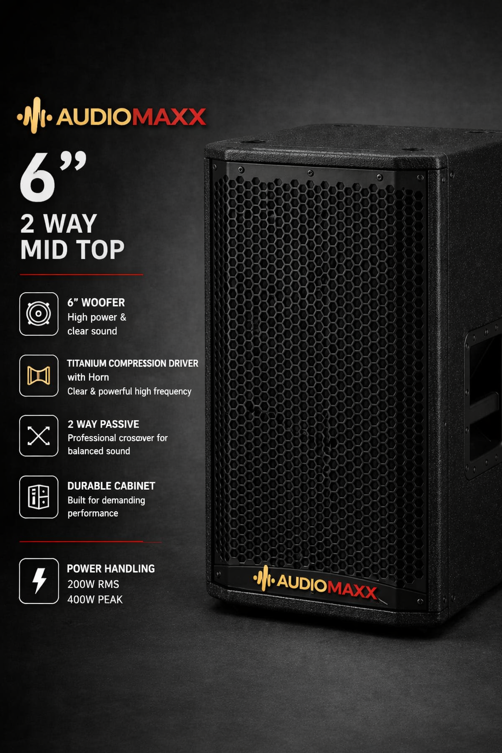 Audiomaxx 6" Dual MidTop With Horn HF Commercial Loudspeake 200 W RMS / 400 W peak power - Audiomaxx India
