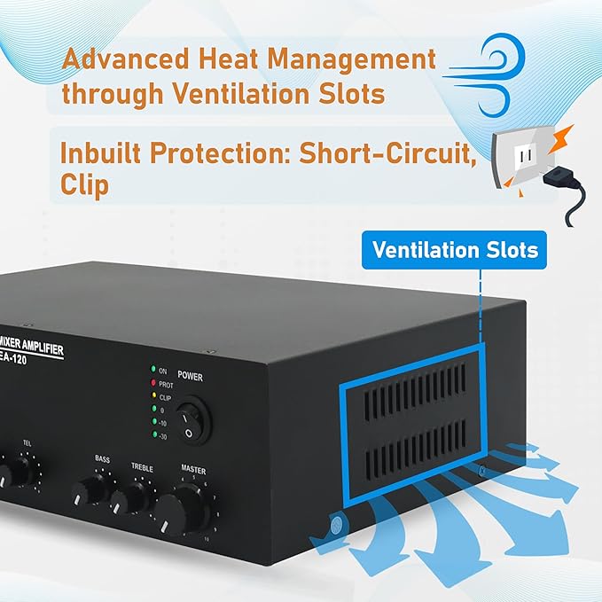 CMX EA-120 Professional 120W Tabletop Mixer Amplifier with USB Playback, Bluetooth Wireless Streaming, FM Radio, 3 MIC Inputs, 2 AUX Inputs & 70V/100V/4–16Ω Output - Audiomaxx India