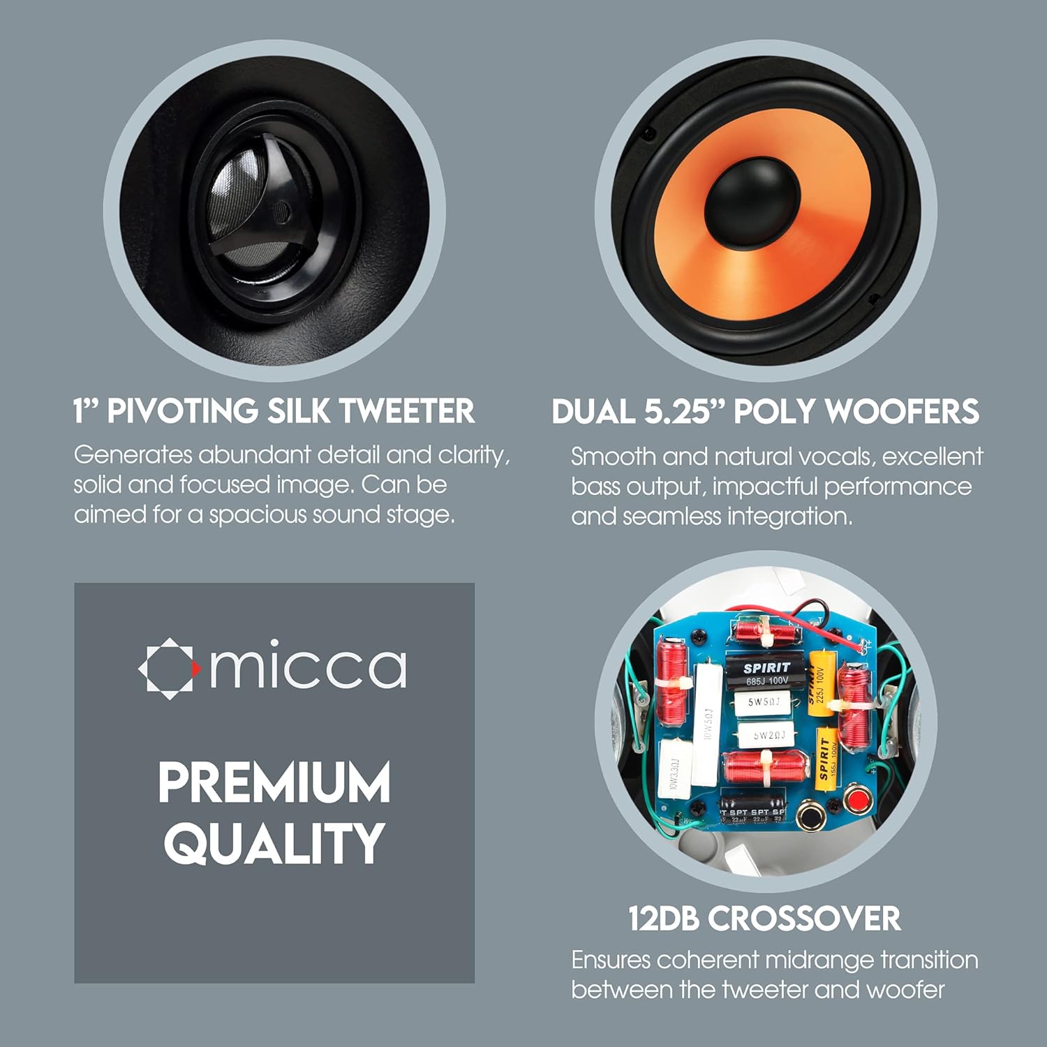 Micca M-CS Dual 5.25 " 2-Way MTM In-Wall Speakers with Pivoting 1" Silk Dome Tweeter