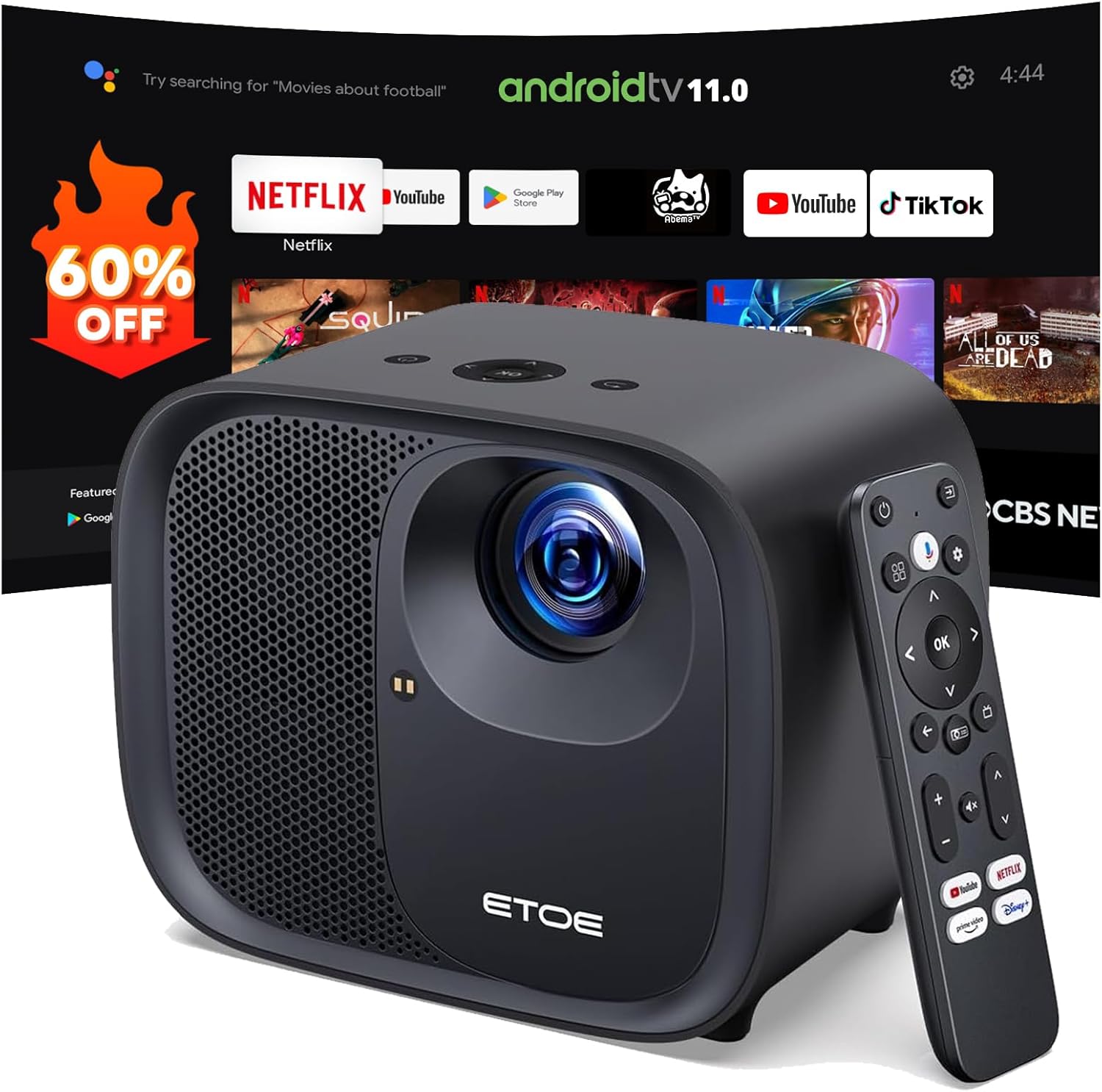 ETOE E3 Pro Mini Projector 4K, Android TV 11.0, Netflix Licensed, 600 ANSI Lumens, 150",  Dolby Audio