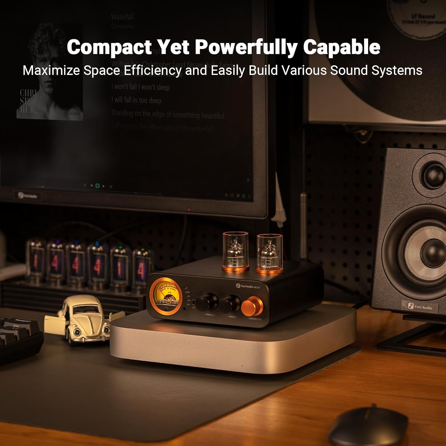 Fosi Audio MC331 Bluetooth 2.1 Channel Hybrid Tube Amplifier with VU Meter, Subwoofer Output, and Compact Hi-Fi Performance - Audiomaxx India