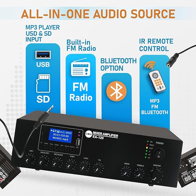 CMX EA-120 Professional 120W Tabletop Mixer Amplifier with USB Playback, Bluetooth Wireless Streaming, FM Radio, 3 MIC Inputs, 2 AUX Inputs & 70V/100V/4–16Ω Output - Audiomaxx India