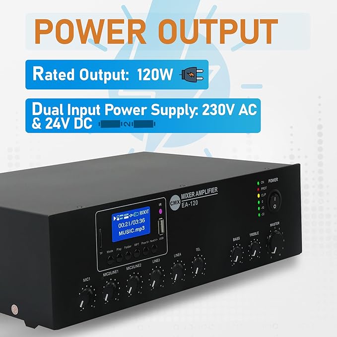 CMX EA-120 Professional 120W Tabletop Mixer Amplifier with USB Playback, Bluetooth Wireless Streaming, FM Radio, 3 MIC Inputs, 2 AUX Inputs & 70V/100V/4–16Ω Output - Audiomaxx India